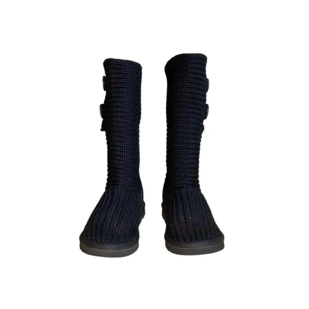 Ugg Classic Cardy Chunky Ribbed Knit & Suede Black Convertible Pull-On Boots